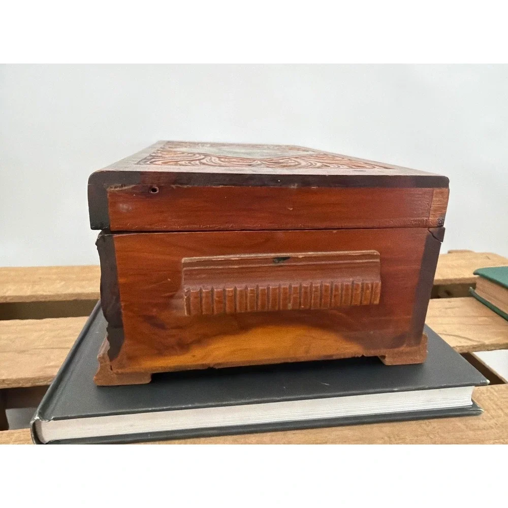 Vintage Cedar Wood Jewelry Box Hand Carved Cottage Landscape Keepsake Chest